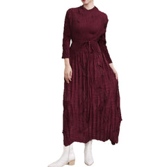 2025 Fall Winter Pleated Plus-Size Maxi Dress – Lace-Up Waist, Irregular Hem, Elegant Casual Style