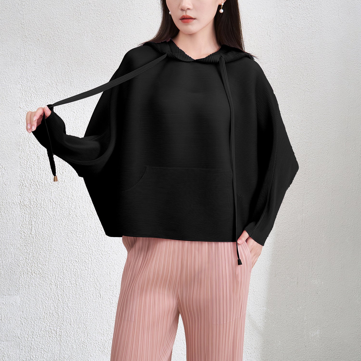 Pleats Please Hooded Sweatshirt – Loose Bat Sleeve Pleated Slimming Top
