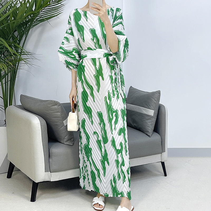 2025 Fall Winter Pleated Printed Maxi Dress – V-Fold Design, Elegant Casual Style for Women