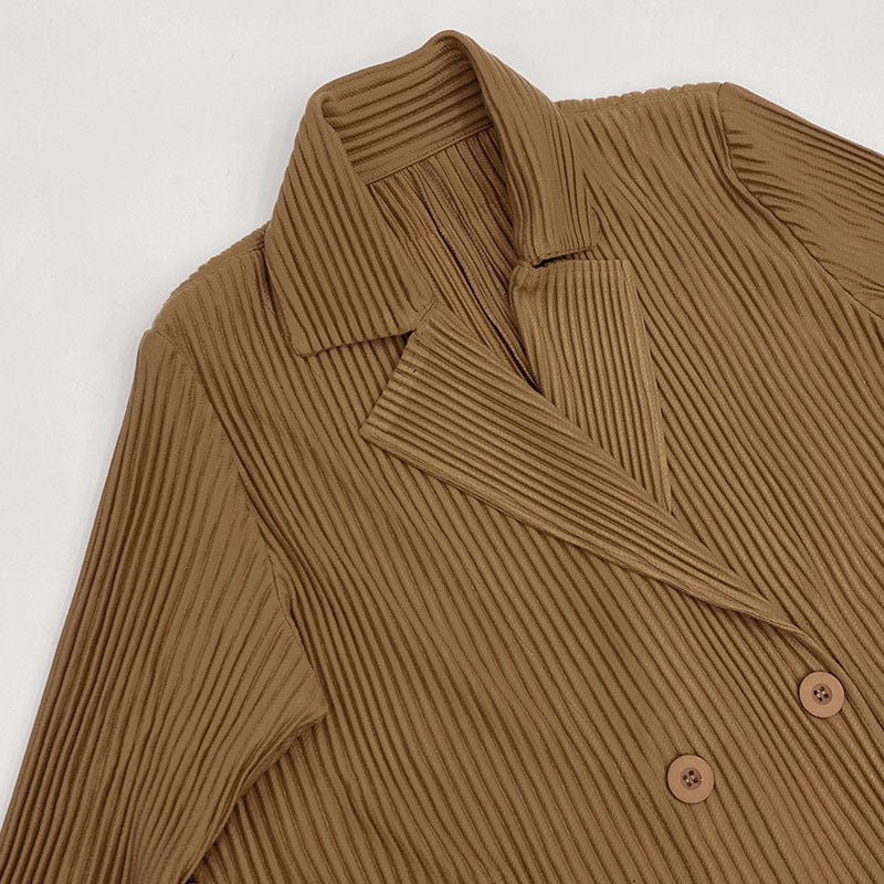 Pleated Double-Breasted Coat – Slim Suit Collar Long Sleeve Outerwear