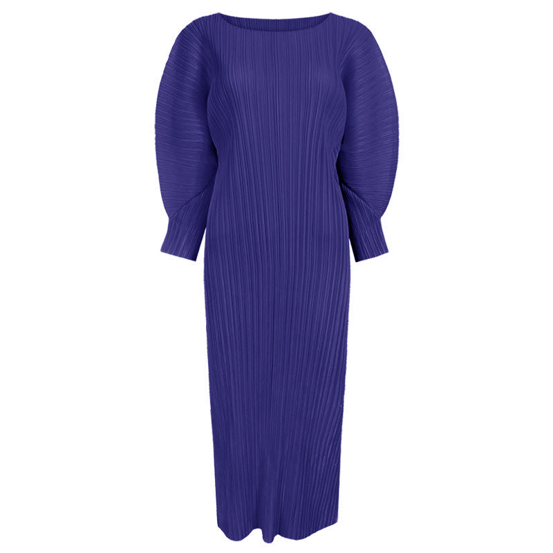 Pleated Casual A-Line Midi Dress – Slim Long Sleeve Women’s Style