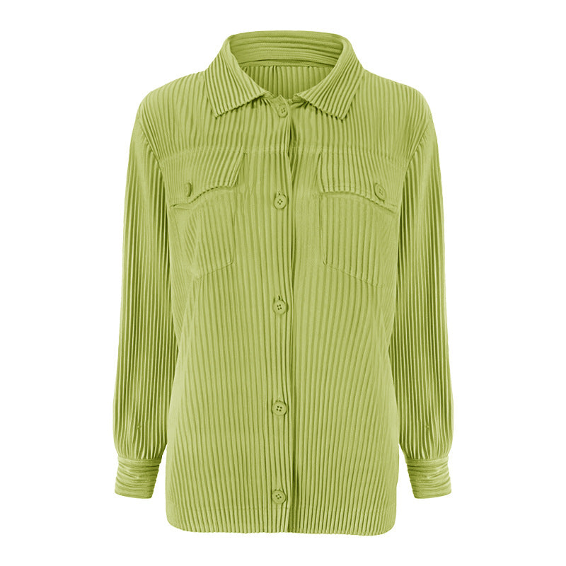 Pleats Please Solid Color Shirt – Slim Fit Pleated Long-Sleeve Top
