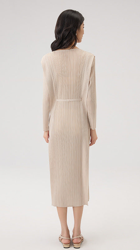 2025 Spring Summer Pleated Maxi Dress – Solid Color, Crew Neck, Lace-Up Waist, Elegant Style