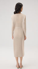 2025 Spring Summer Pleated Maxi Dress – Solid Color, Crew Neck, Lace-Up Waist, Elegant Style