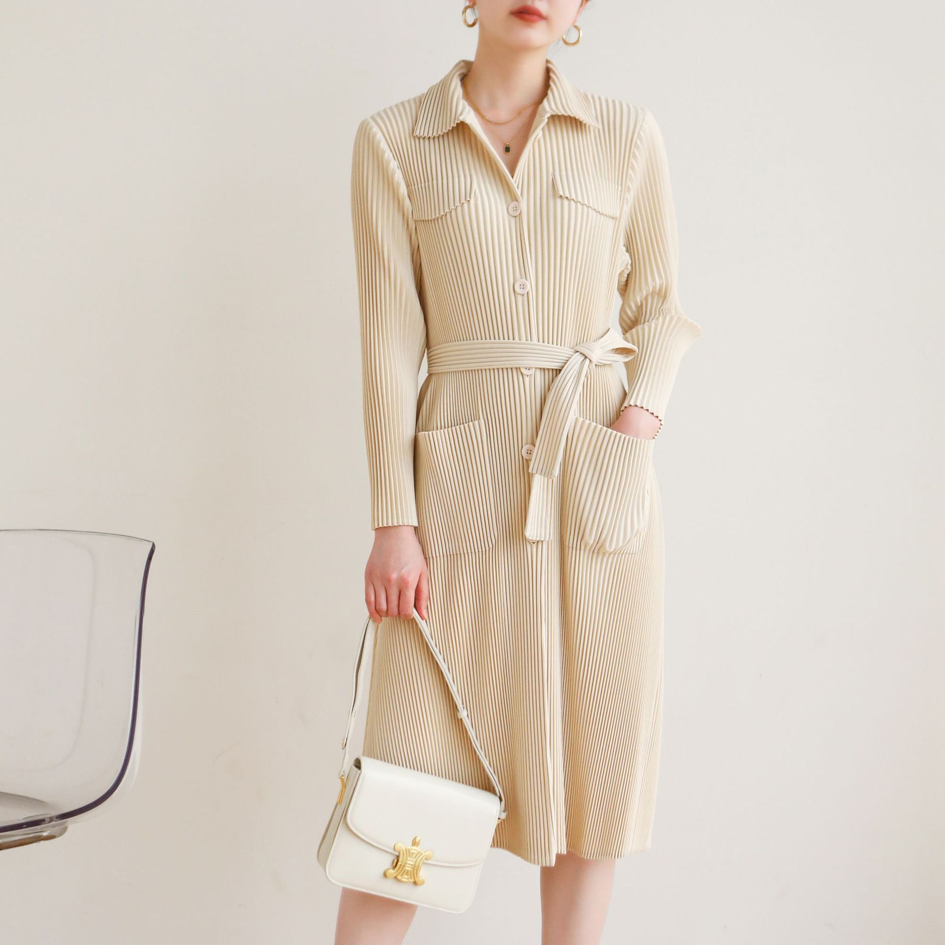Pleated Casual Windbreaker Jacket – British Style Mid-Length Trench for Women