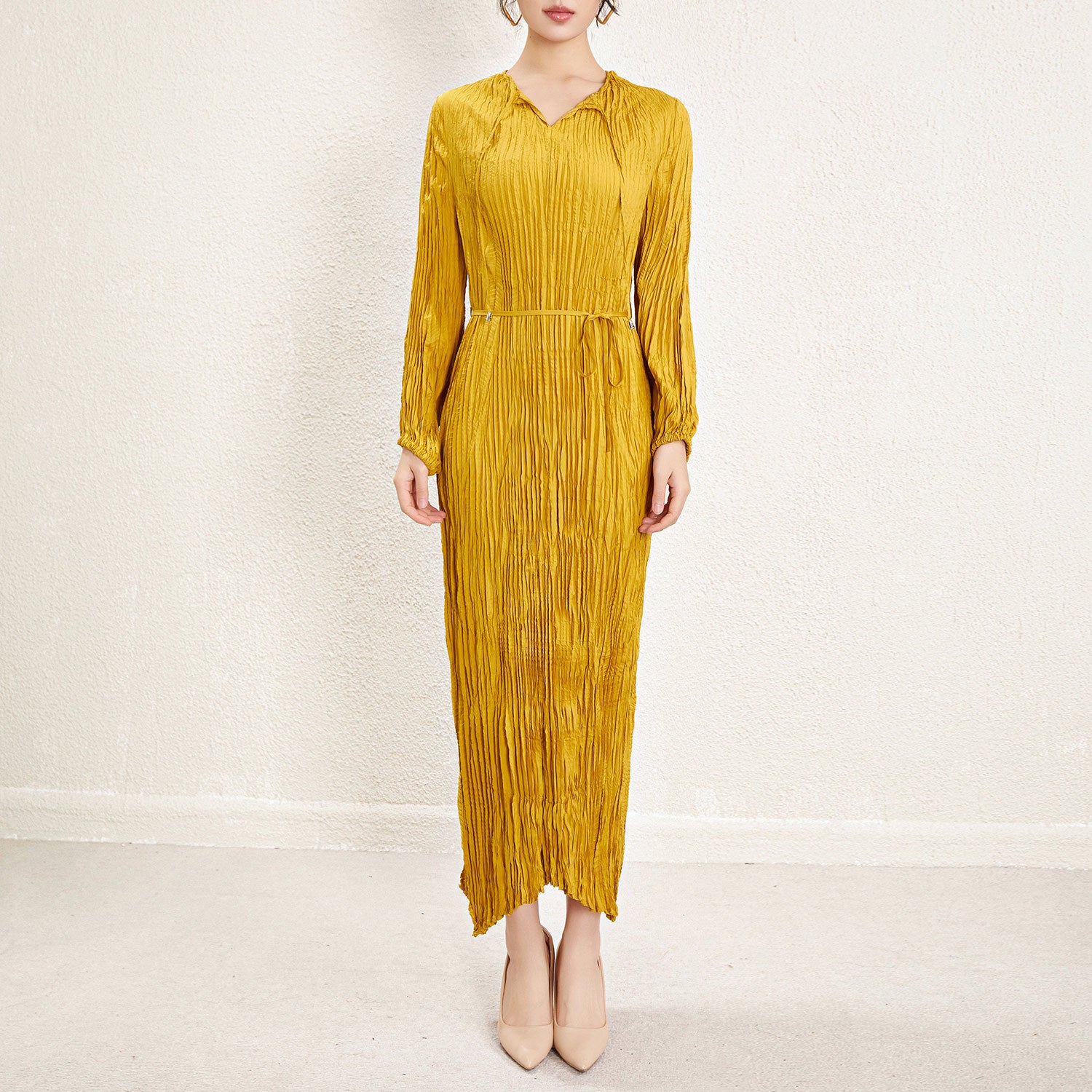 Pleats Please Irregular Pleated Dress – Long-Sleeve Cinched-Waist Elegant Style