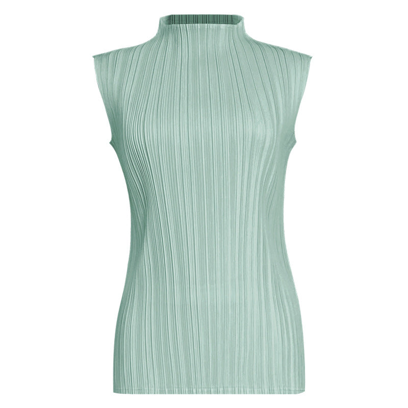 Pleats Summer Slim Sleeveless High-Neck Pleated Vest – Elegant Basic Top