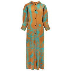 Pleated Printed Hooded Cloak Dress – Long Sleeve Single-Breasted Style