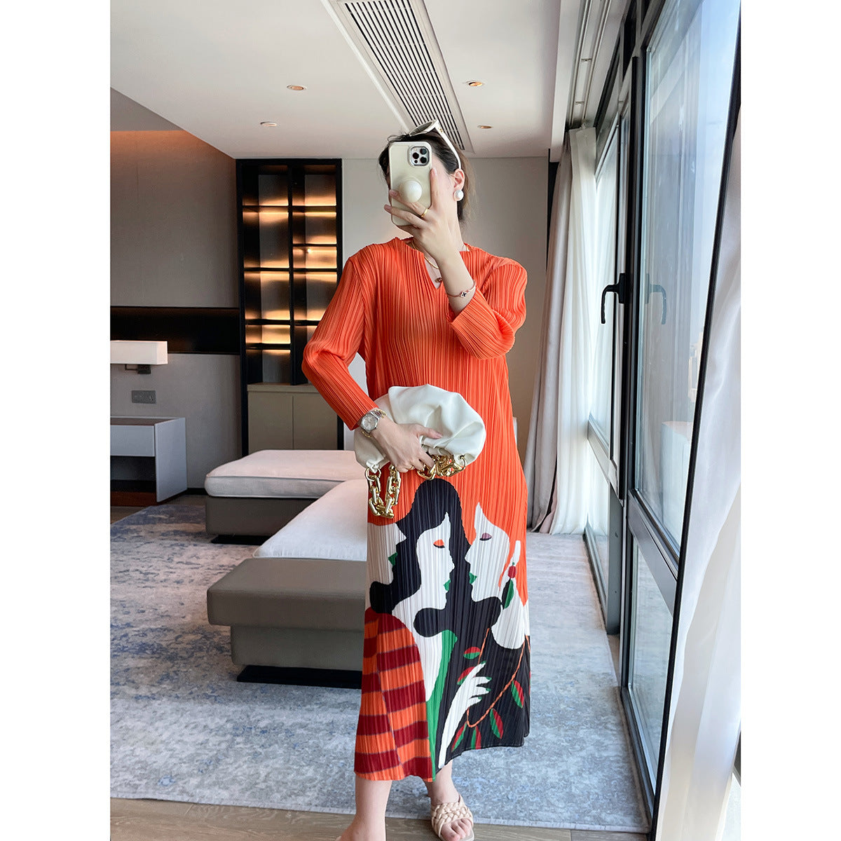 2025 Fall Winter Pleated V-Neck Printed Maxi Dress – Elegant Slim Fit French Style