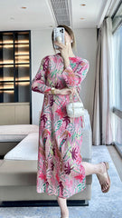 2025 Fall Winter Pleated Jungle Print Dress – Elegant Slim Fit Midi Style for Women