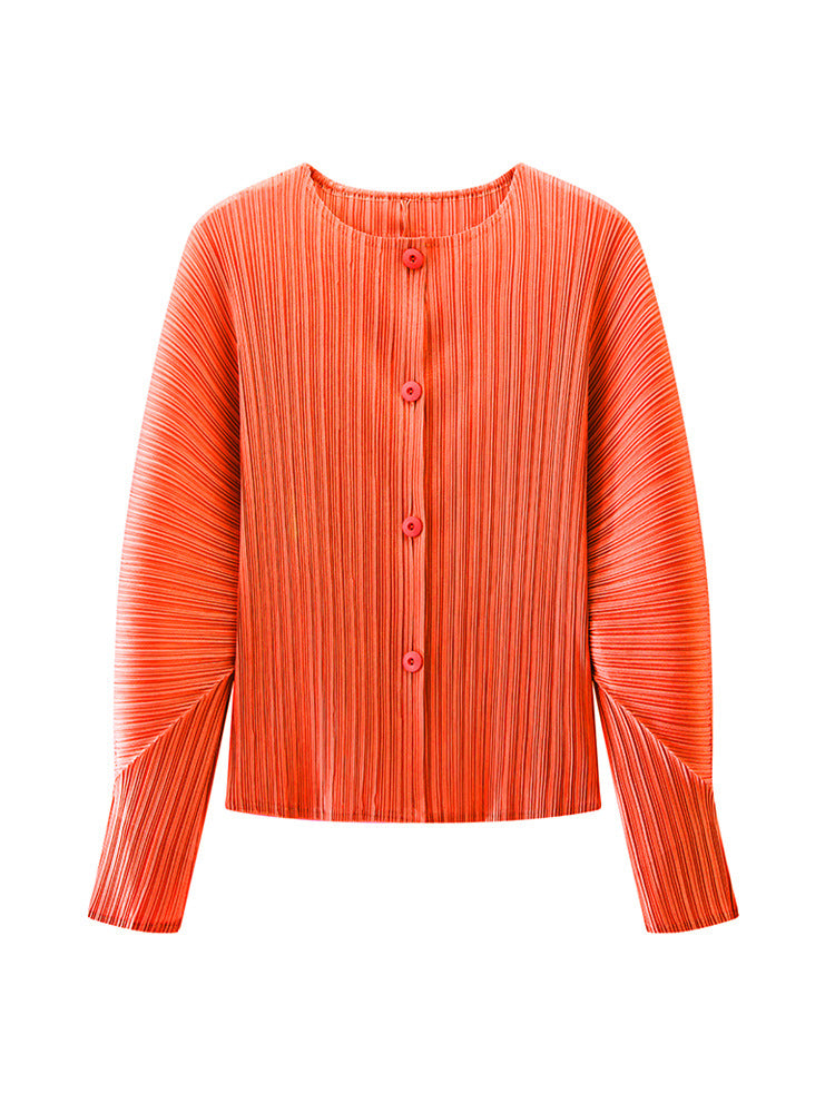 Women’s Spring Pleated Cardigan – Solid Color Round Neck Short Jacket
