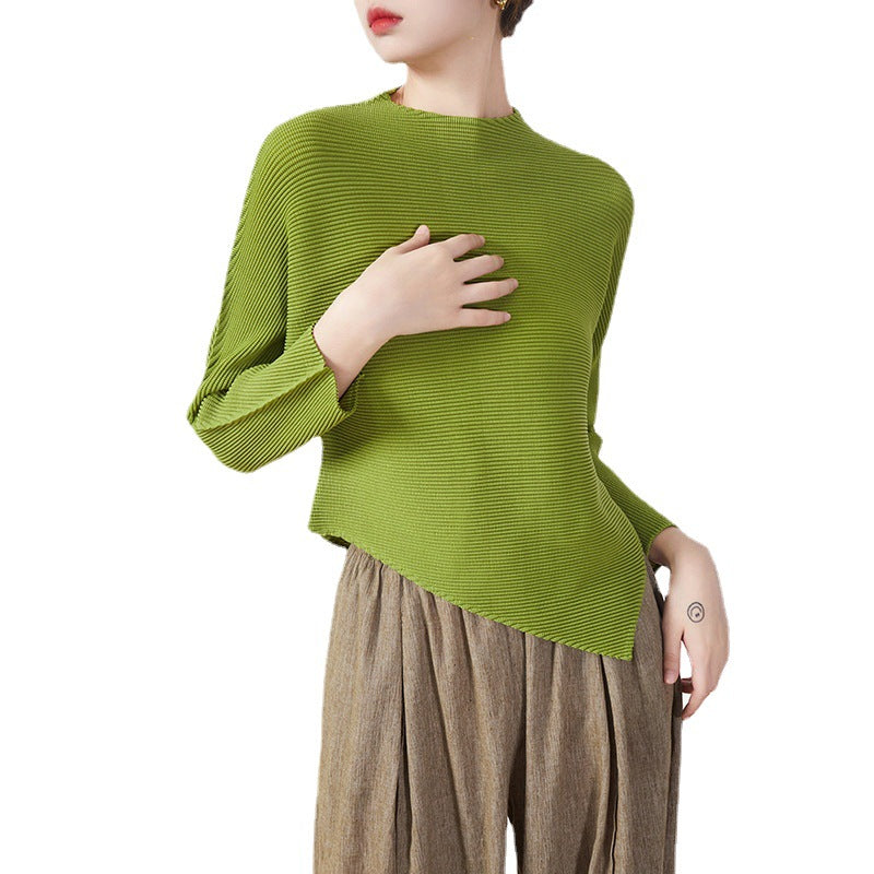 Irregular Hem Pleated Long-Sleeve Top – Unique Spring/Autumn Statement Piece