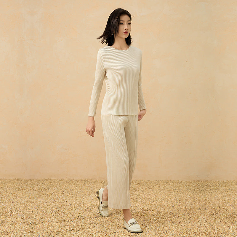 2025 Fall Pleated Long Sleeve T-Shirt & Straight-Leg Pants Set – Relaxed Solid Color, Everyday Comfort