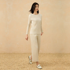 2025 Fall Pleated Long Sleeve T-Shirt & Straight-Leg Pants Set – Relaxed Solid Color, Everyday Comfort