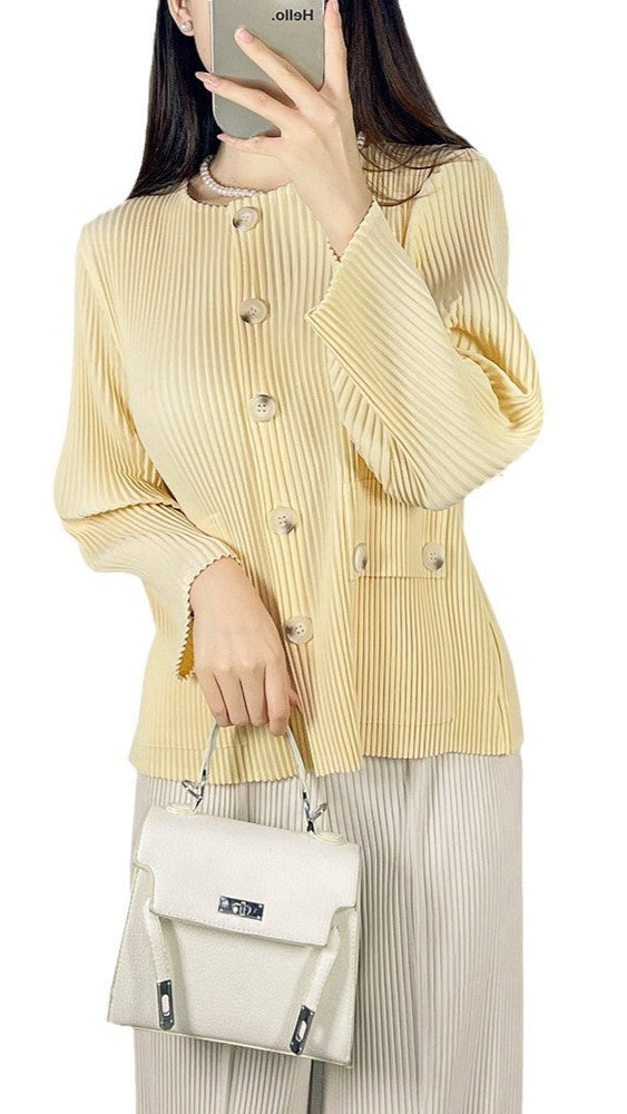 2025 Fall Winter Pleated Striped Jacket – Minimalist Crew Neck, Single-Breasted Casual Style for Women