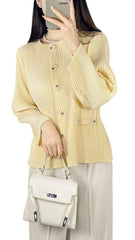 2025 Fall Winter Pleated Striped Jacket – Minimalist Crew Neck, Single-Breasted Casual Style for Women