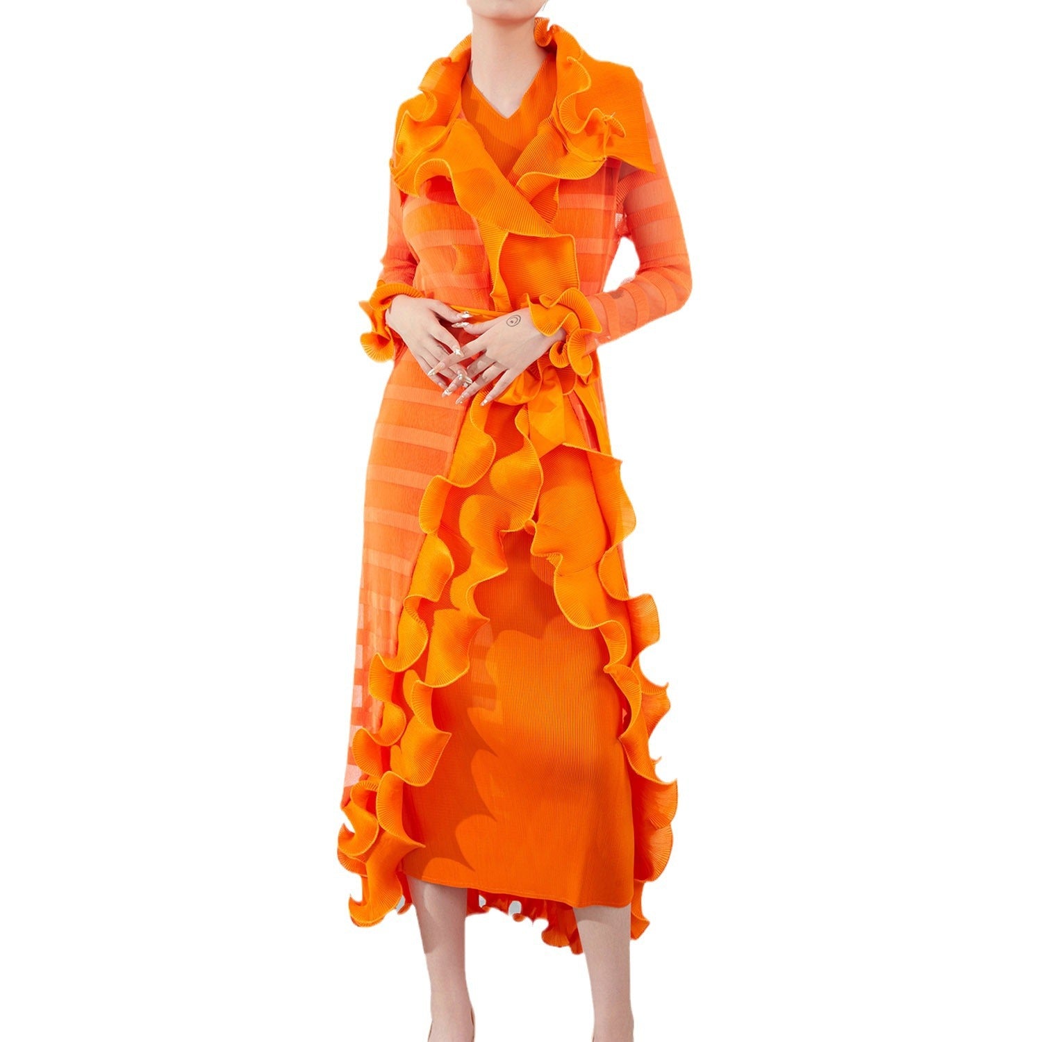 Pleated Ruffle Splice Long Sleeve Dress – Elegant and Modern Women’s Outfit