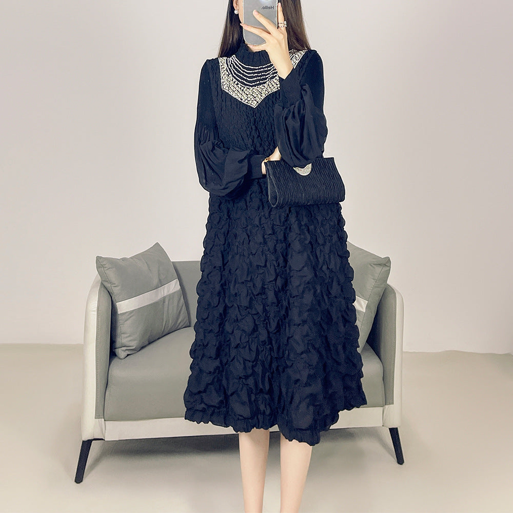 2025 Fall Winter Pleated Beaded Dress – Long Sleeve, Slimming Elegant Maxi Style for Women