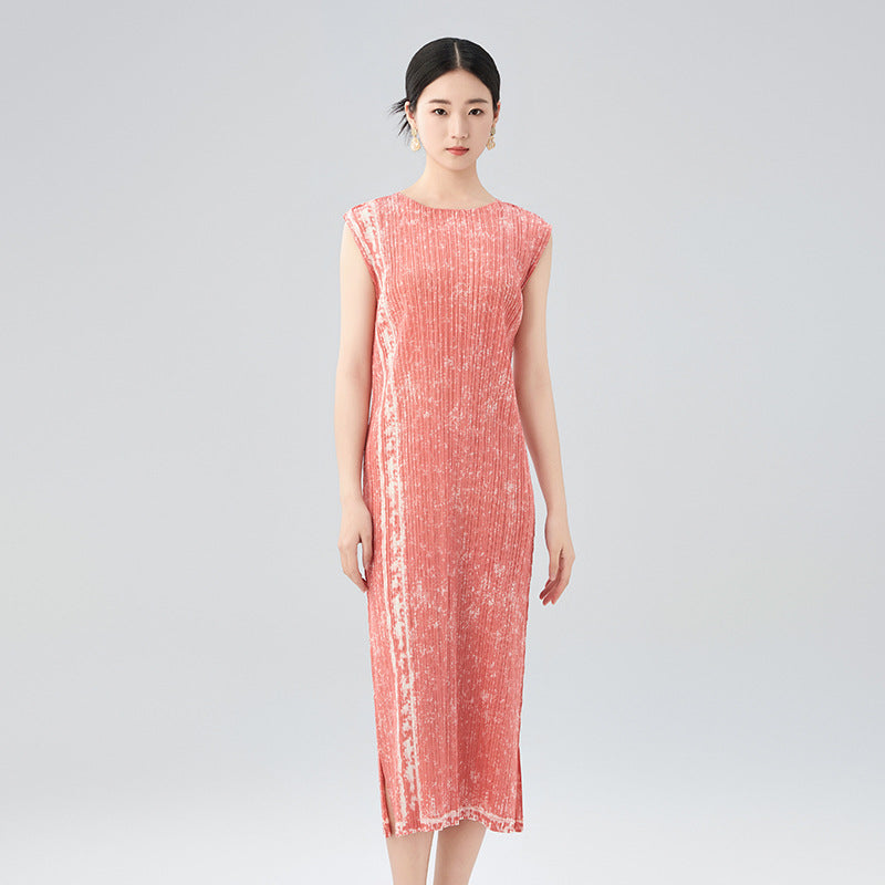 Hot-Selling Pleated Print Dress – Sleeveless A-Line, Plus-Size Friendly, Elegant Casual Style