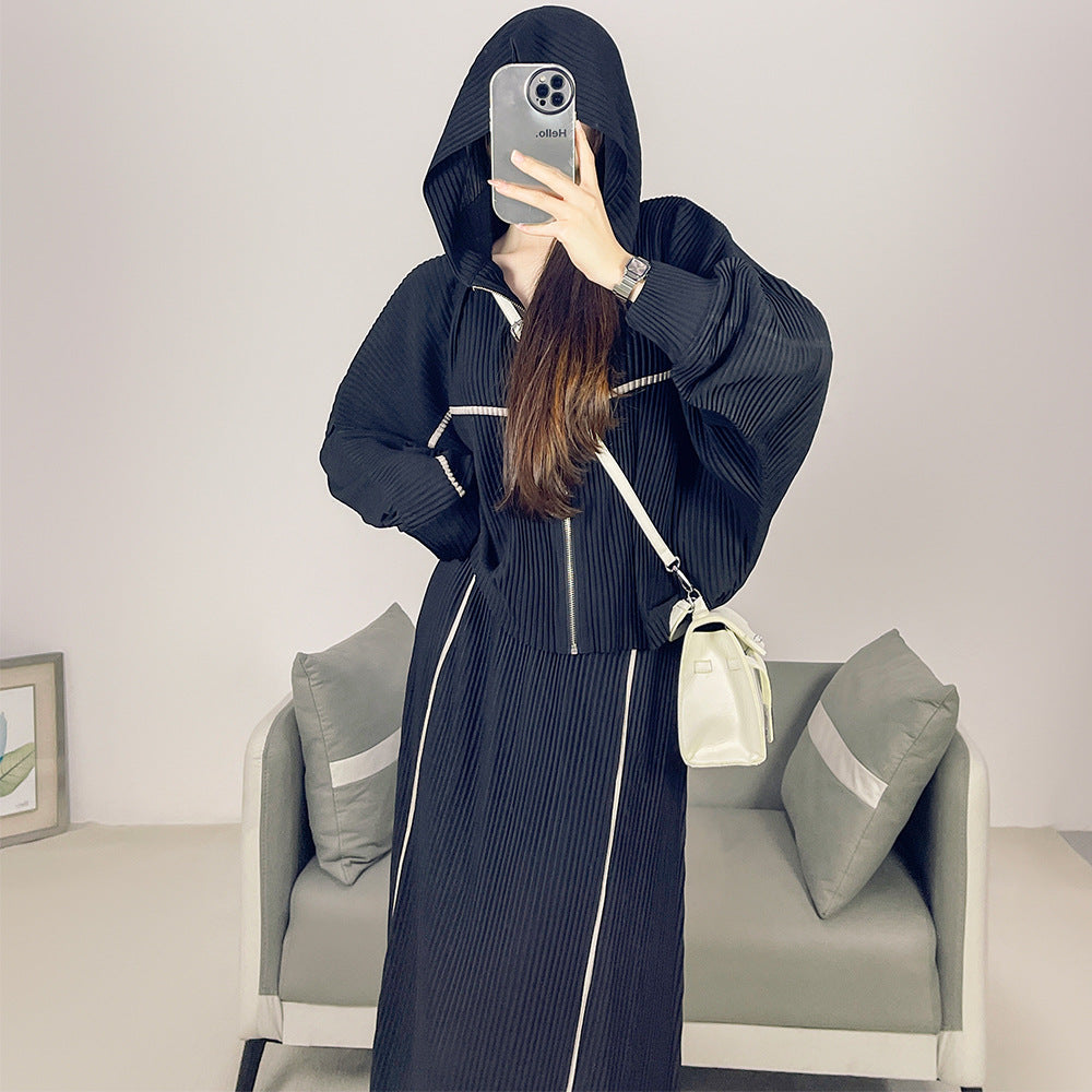 2025 Fall Winter Pleated Two-Piece Set – Sporty Hooded Zipper Jacket & Versatile Skirt