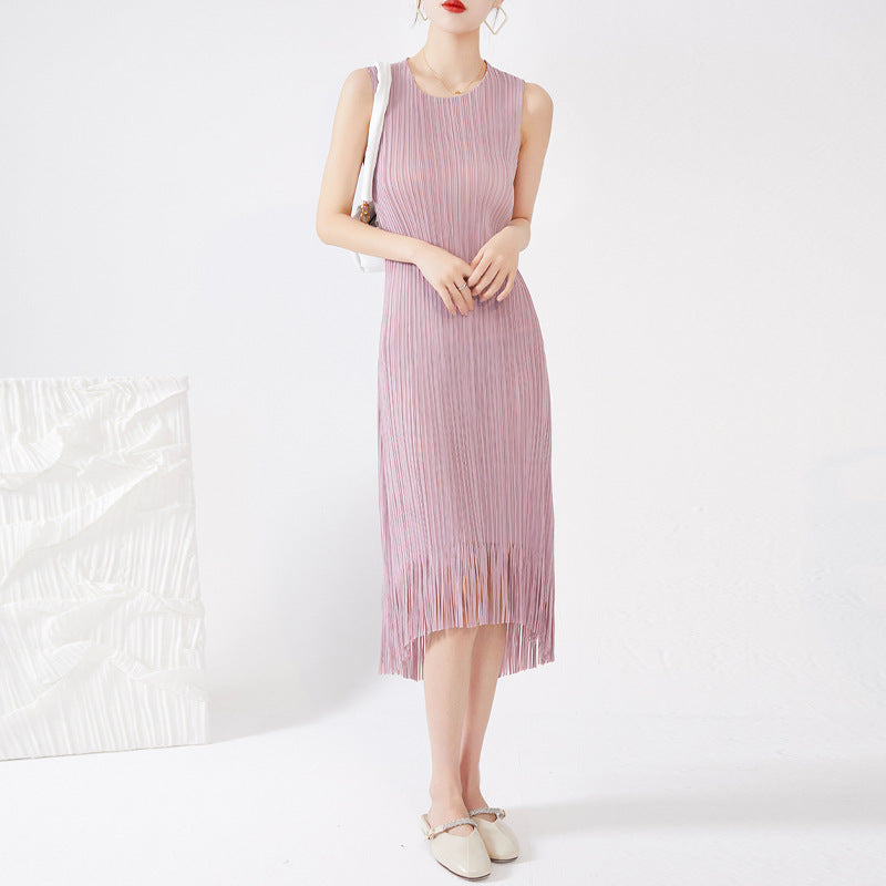 PleatsArt Sleeveless Pleated Fringe Dress – Elegant Summer Versatile Long Skirt