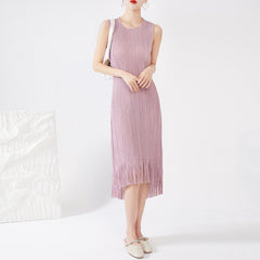 PleatsArt Sleeveless Pleated Fringe Dress – Elegant Summer Versatile Long Skirt