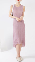 PleatsArt Sleeveless Pleated Fringe Dress – Elegant Summer Versatile Long Skirt