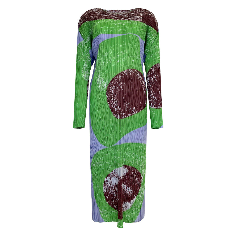 Pleated Vintage Circle Print Midi Dress – Slim Long Sleeve Round Neck