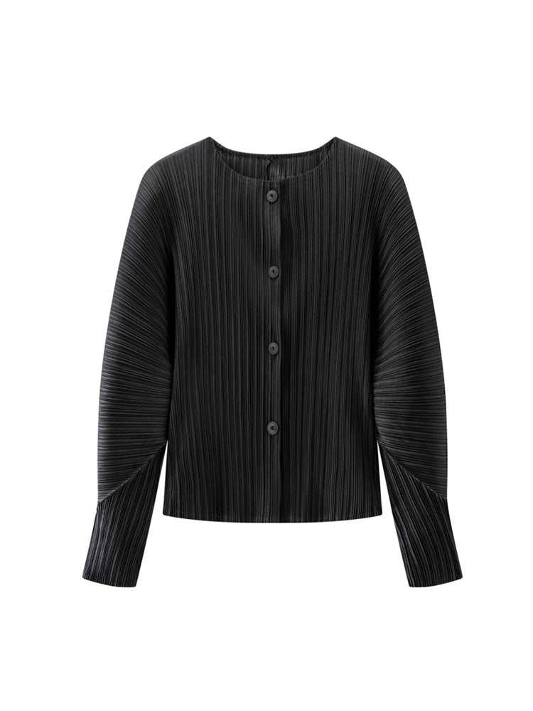Women’s Spring Pleated Cardigan – Solid Color Round Neck Short Jacket