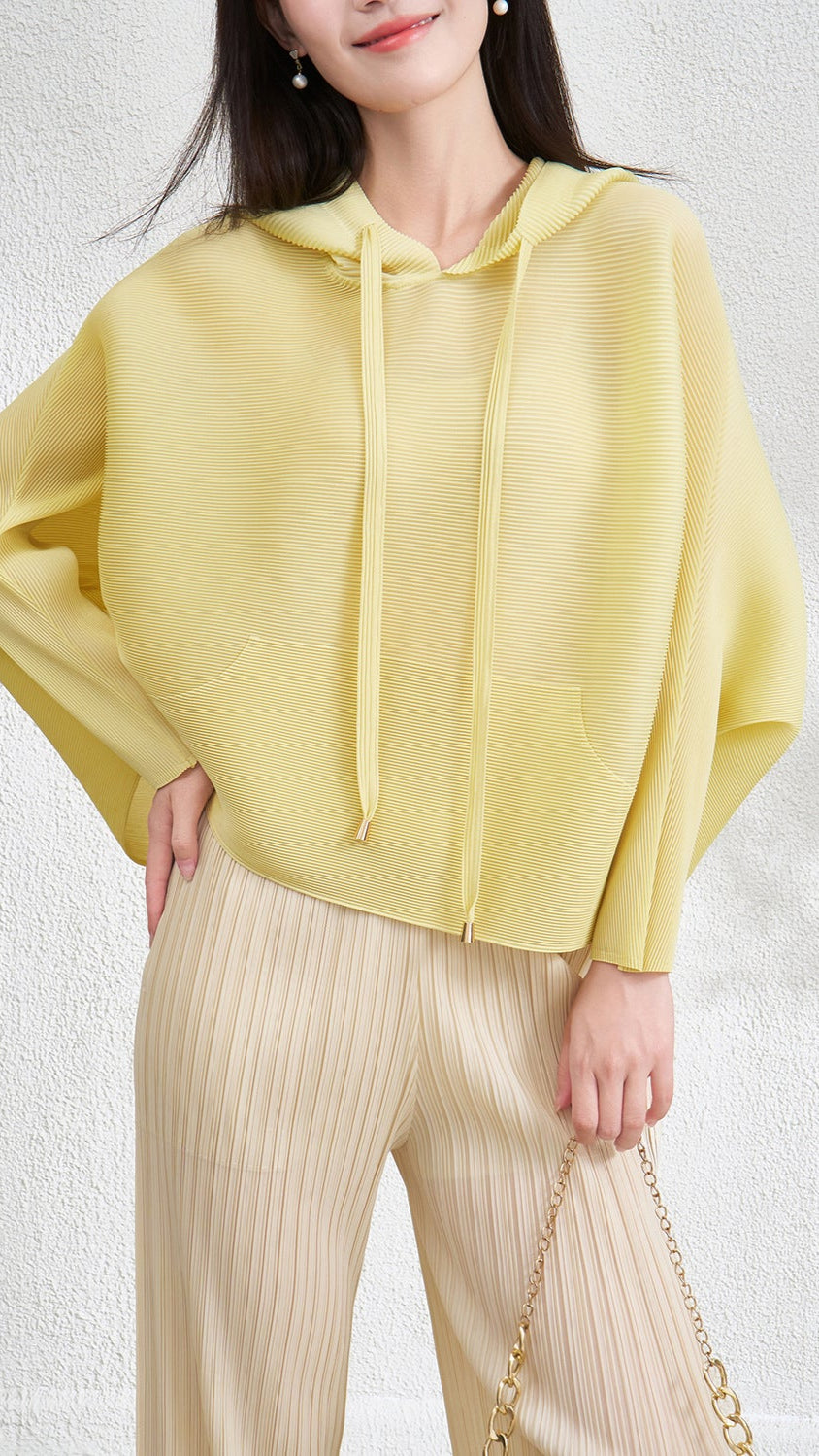 Pleats Please Hooded Sweatshirt – Loose Bat Sleeve Pleated Slimming Top