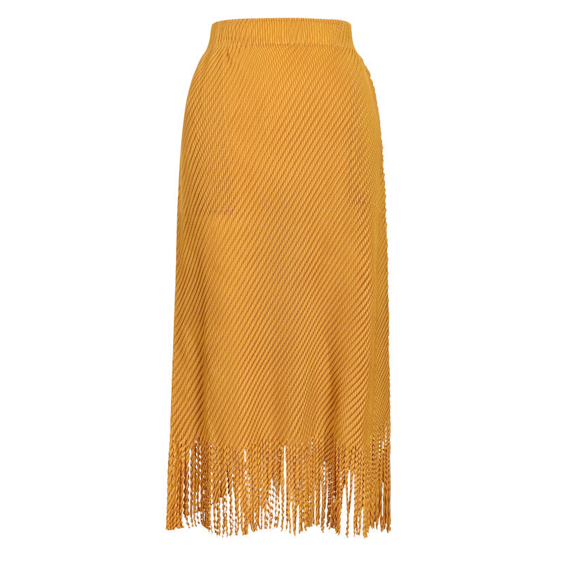 Pleated Fish Scale Fringe Skirt – High Waist A-Line Mid-Length Style