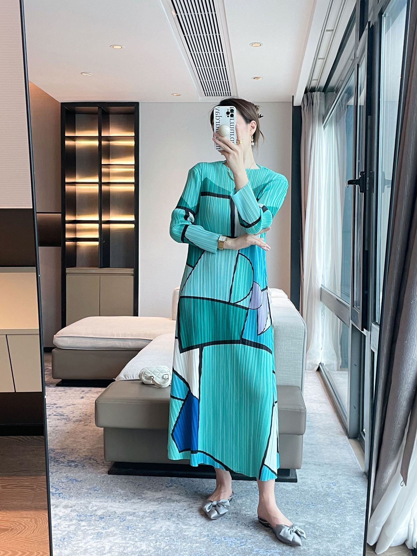 Women’s Spring Pleated Maxi Dress – Geometric Print Slim Fit Elegant Style