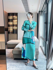 Women’s Spring Pleated Maxi Dress – Geometric Print Slim Fit Elegant Style
