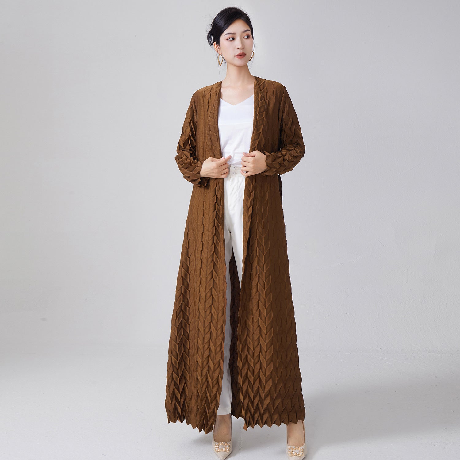 Pleats Please Lace-Up Trench Coat – Plus-Size Friendly Pleated Mid-Length Jacket