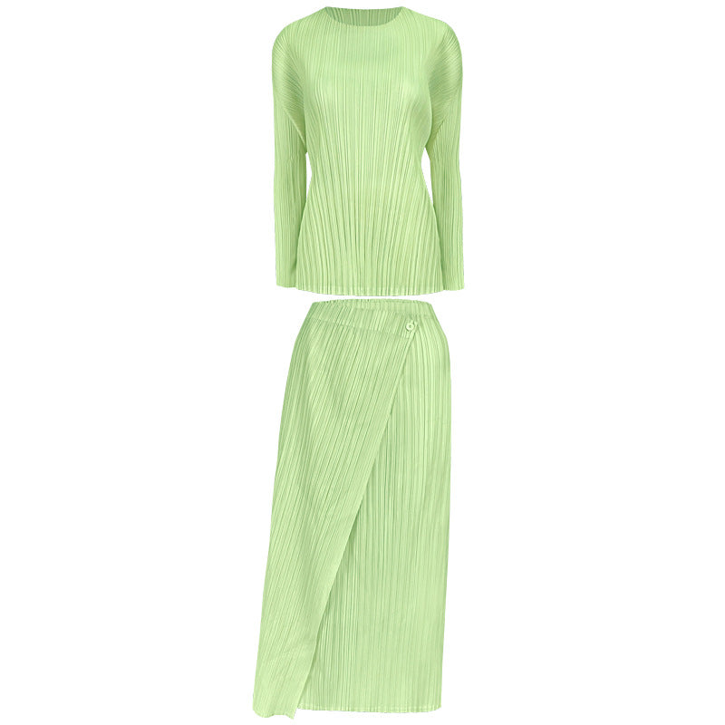 Pleated Skirt Suit – Korean Style Long Sleeve Top and Skirt Set