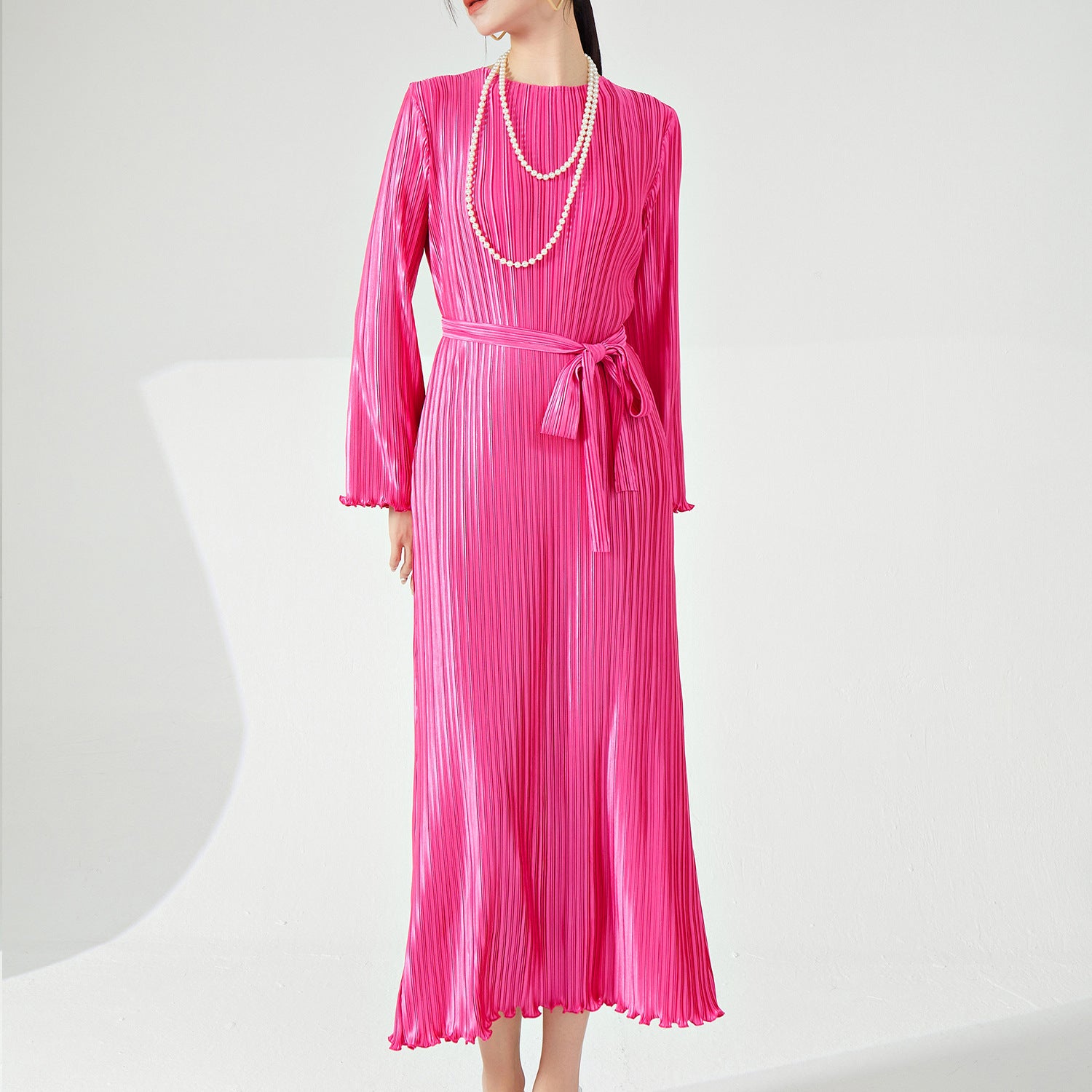 Pleats Please Long-Sleeve Maxi Dress – Pleated Lace-Up Waist Casual Style
