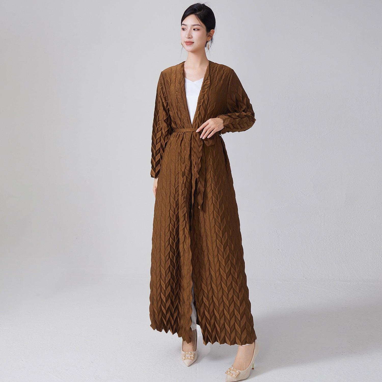 Pleats Please Lace-Up Trench Coat – Plus-Size Friendly Pleated Mid-Length Jacket