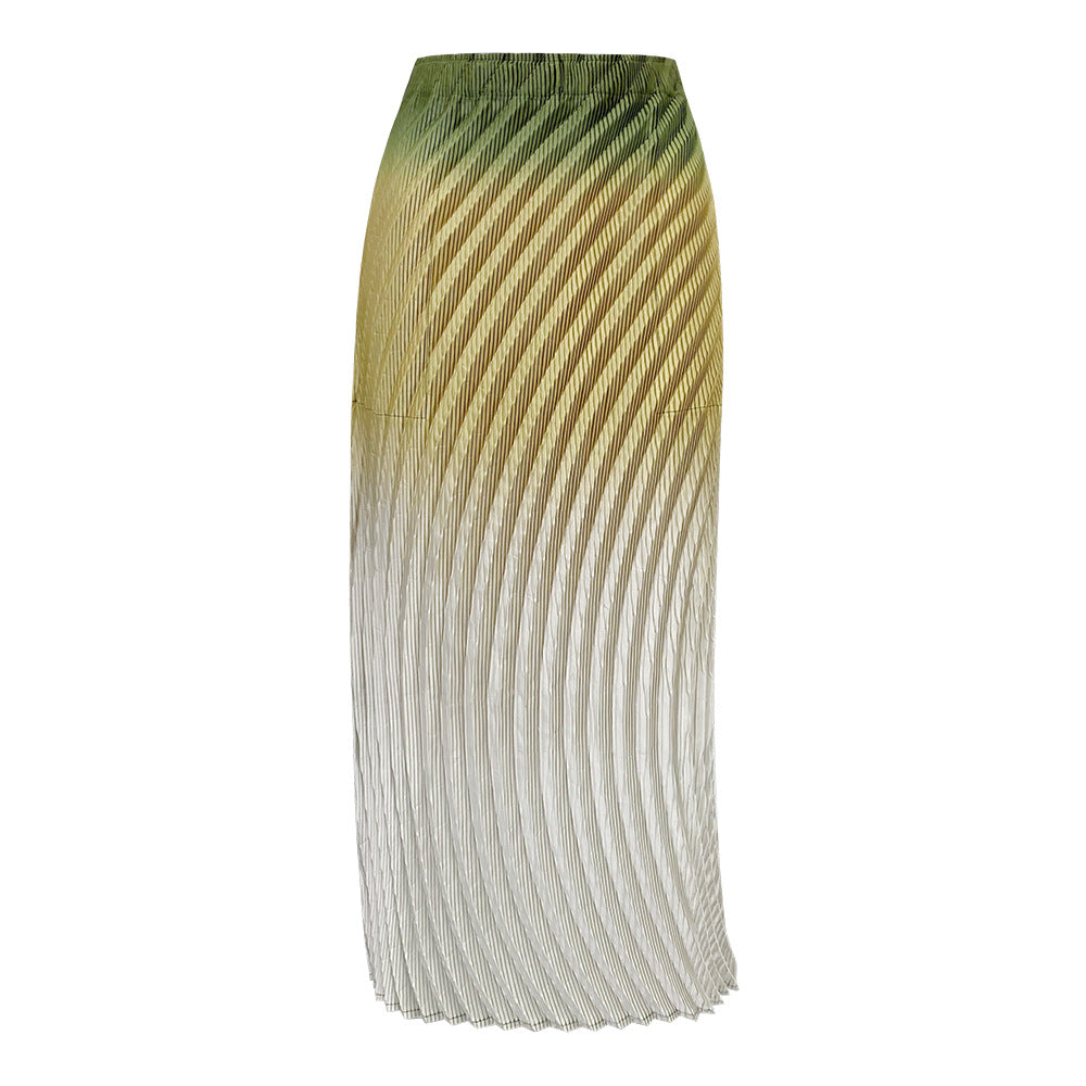 Pleated Fish Scale Gradient Skirt – High Waist A-Line Slit Design