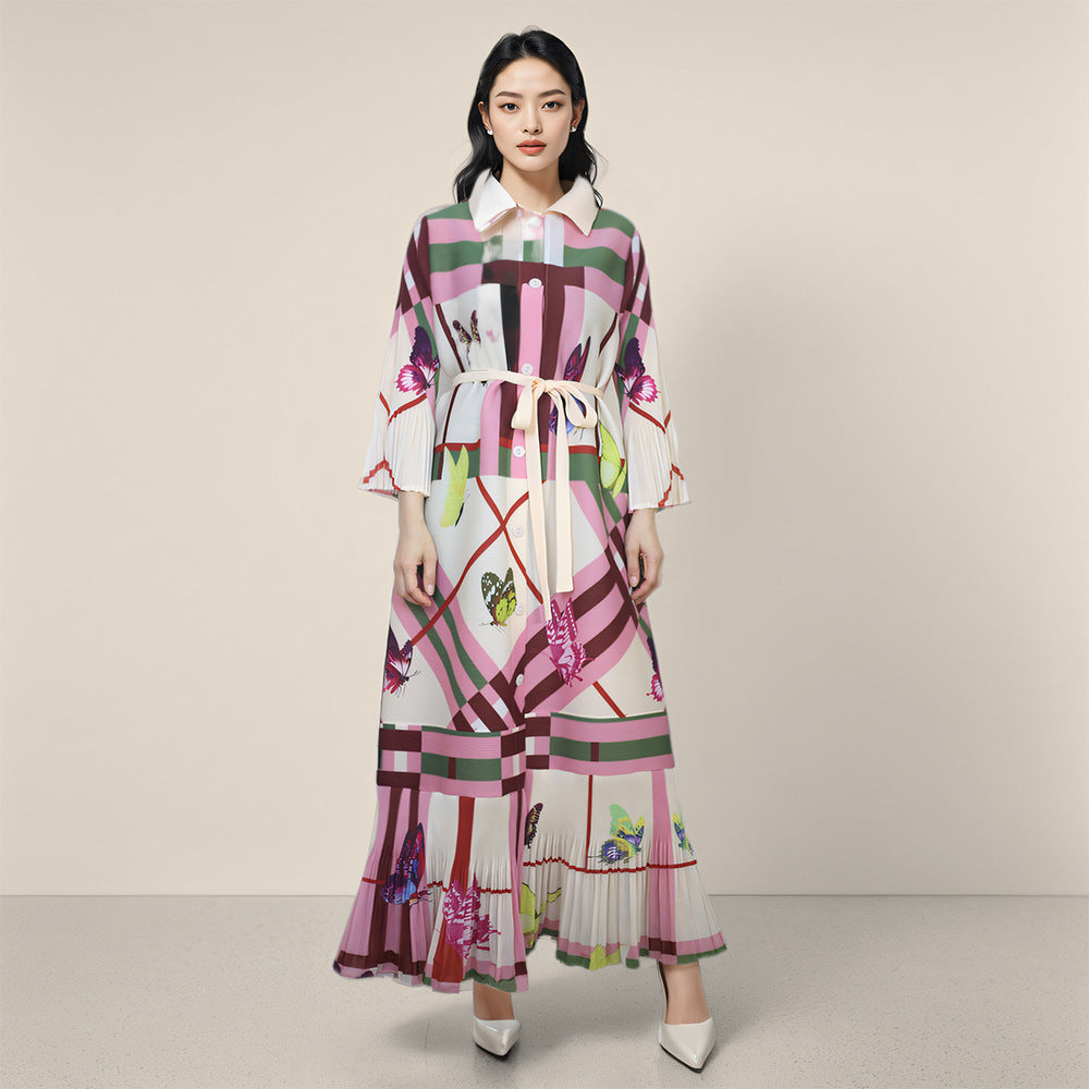 2025 Fall Winter Pleated Printed Shirt Dress – Lapel Collar, Ruffle Detail, Plus-Size Friendly