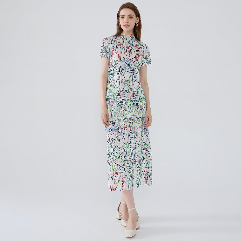 Boho Two-Piece Set – Printed Short Sleeve Top and Loose Skirt