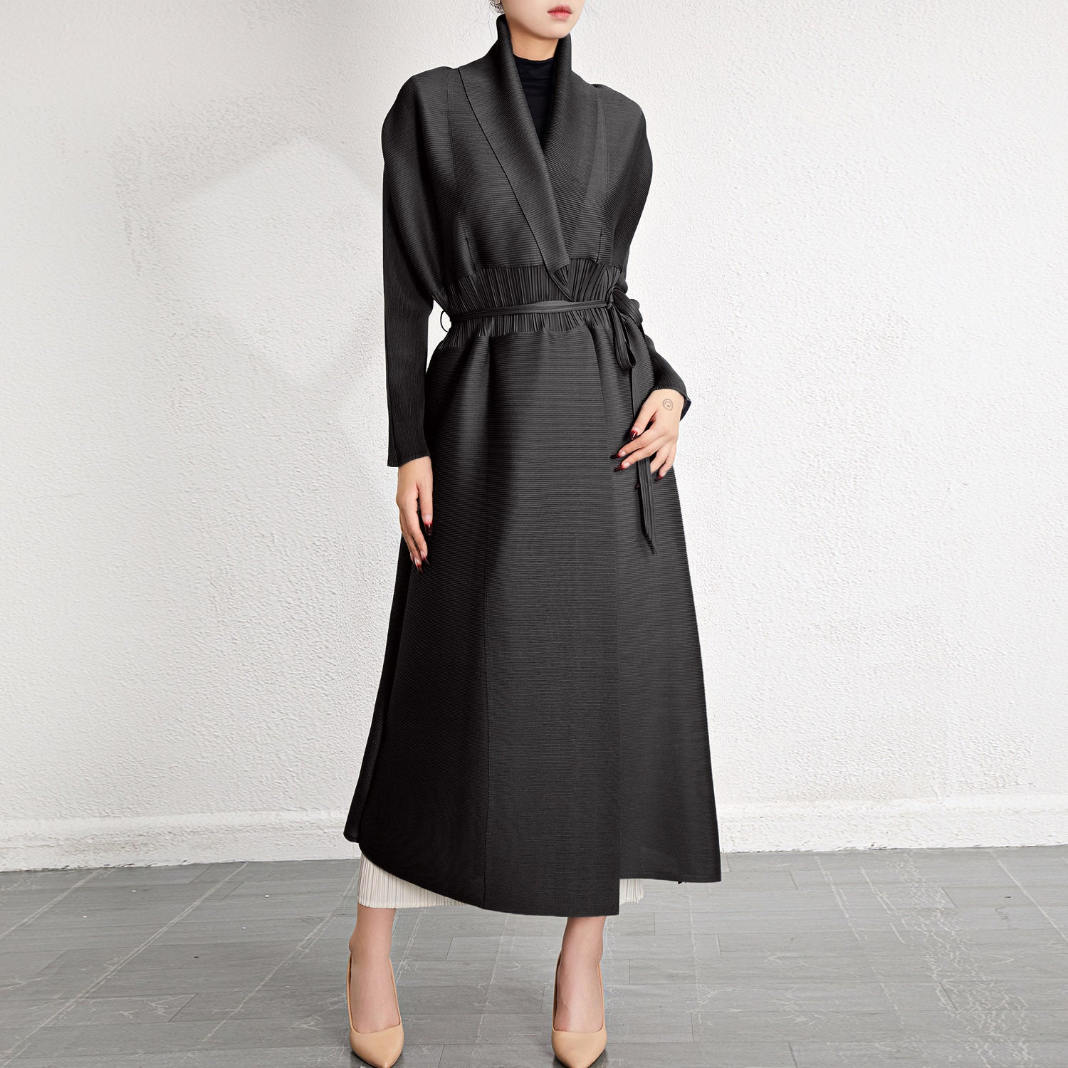 Pleated Midi Shawl Cardigan Coat – Elegant Lightweight Layer for Women