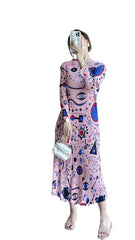 Women’s Autumn Pleated Maxi Dress – Printed Long-Sleeve Elegant Slim Fit Style