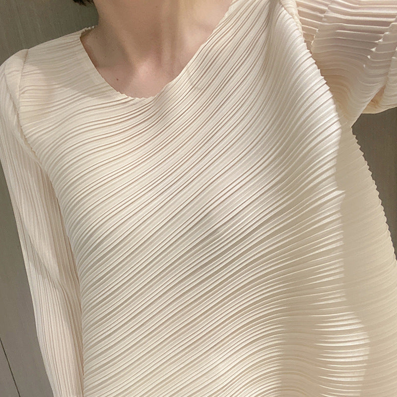 Pleats Please Irregular Pleated Top – Loose 3/4 Sleeve Crew Neck T-Shirt