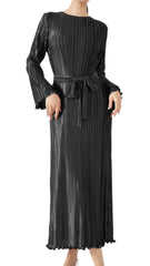 Pleats Please Long-Sleeve Maxi Dress – Pleated Lace-Up Waist Casual Style