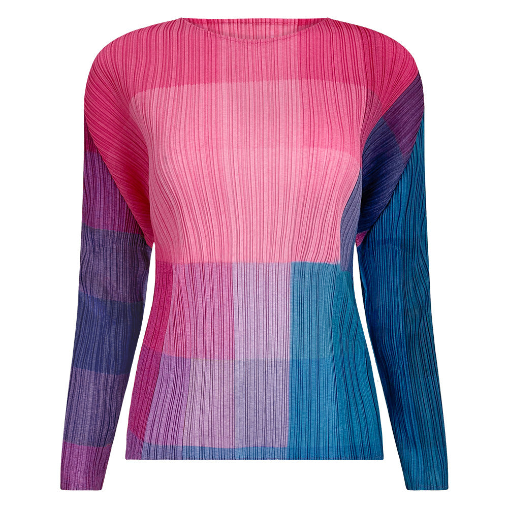 Pleated Check Print Top – Long Sleeve Crew Neck Women’s Style