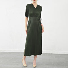 Pleats Please V-Neck Dress – Short-Sleeve Pleated Maxi, Loose Slimming Style