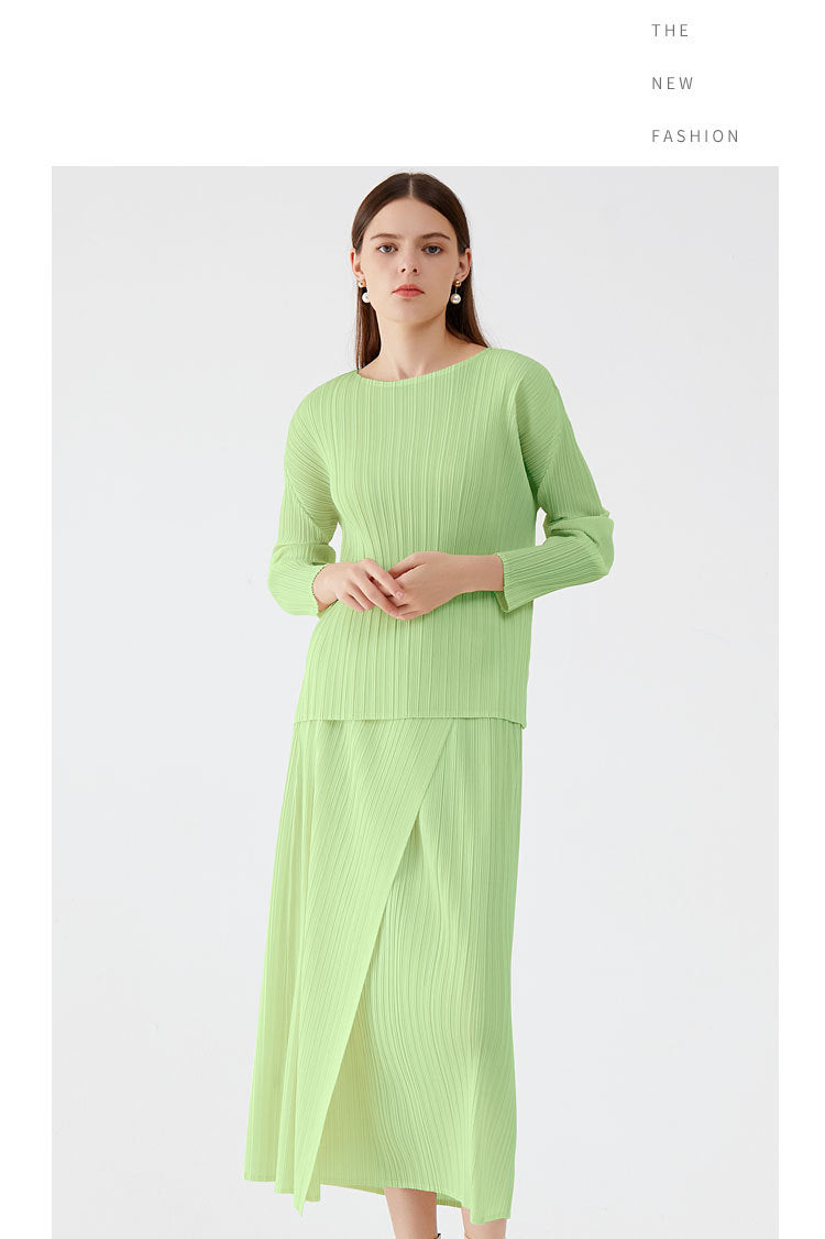 Pleated Skirt Suit – Korean Style Long Sleeve Top and Skirt Set