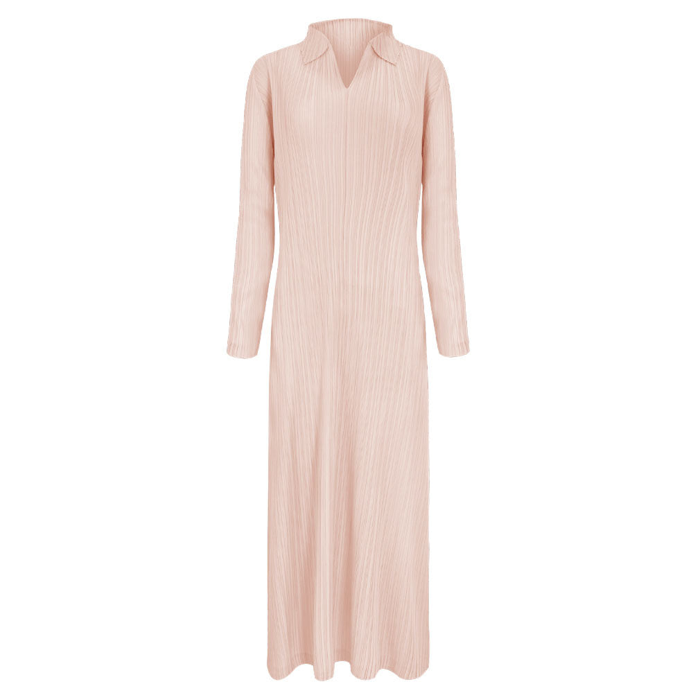 Pleated Polo Collar Dress – Long Sleeve A-Line Casual Style