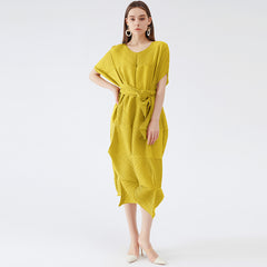 Pleated Yellow Chiffon Midi Dress – Elegant Fairy-Inspired Style