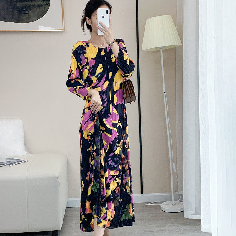2025 Fall Winter Pleated Printed Dress – Slim Fit, Elegant High-End Style for Women
